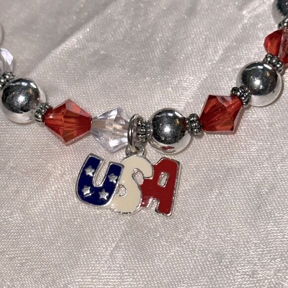 Red, White, Blue & Silver Patriotic Charm Stretch Beaded Bracelet - Picture 4 of 7